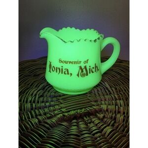 Antique Souvenir Jadeite Creamer Pitcher Ionia Michigan. Souvenir Cup